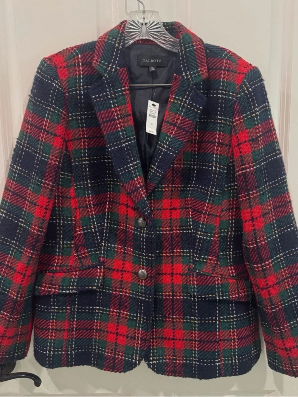 Talbots Classic Shetland Blazer Navy & Green Plaid size 10 $189